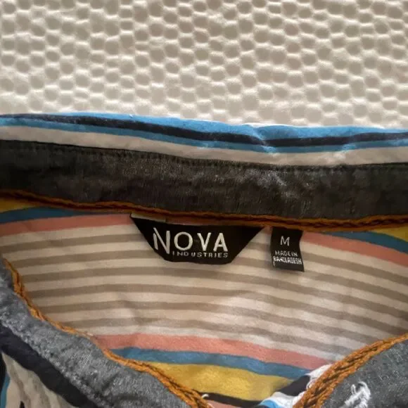 Nova Men's Short Sleeve Button Down Shirt Vertical Striped Multi-Color Slim M - Picture 4 of 8